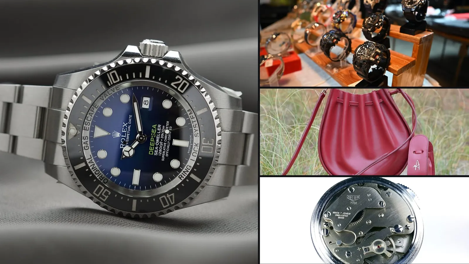 A banner of four photographs: a steel dive watch on a bracelet, watches on display in a case, a red leather bag on grass and the movement of a pocket watch